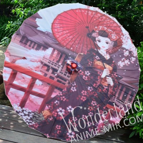 Тканевый Японский зонтик (красный с гейшей у сакуры) / Japanese umbrella